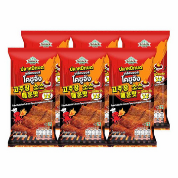 Rolled Cuttlefish Extreme Gochujang Sauce Flavour 14g ( Pack 6 ) | ปลาหมึกบดเคลือบซอสโคชูจัง สูตรเผ็ดมาก 14g ( แพ็ค 6 )