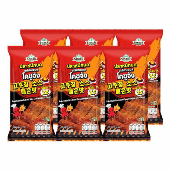 Rolled Cuttlefish Extreme Gochujang Sauce Flavour 14g ( Pack 6 ) | ปลาหมึกบดเคลือบซอสโคชูจัง สูตรเผ็ดมาก 14g ( แพ็ค 6 )
